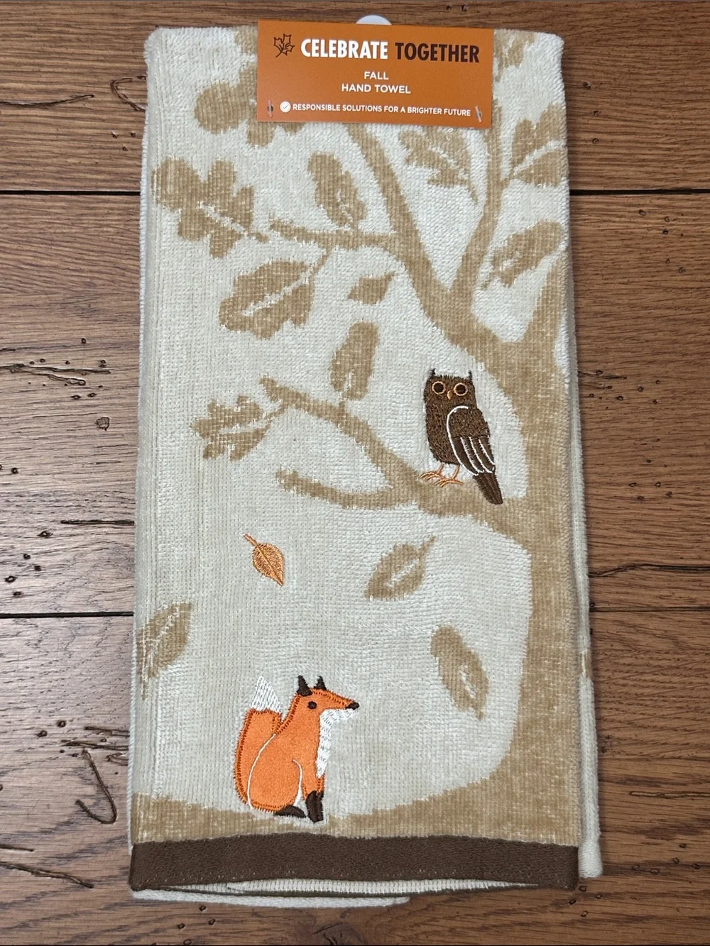Celebrate Together Fall Hand Towel - Cream & Tan with Orange Fox